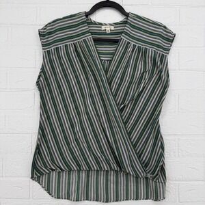 Max Studio Wrap Blouse Womens Large Green Blue Striped Sleeveless High Low Top